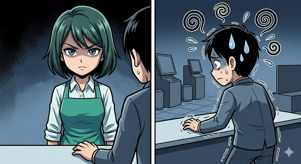 真後ろからじっと監視してしまいお客様を怖がらせる店員の漫画イラスト