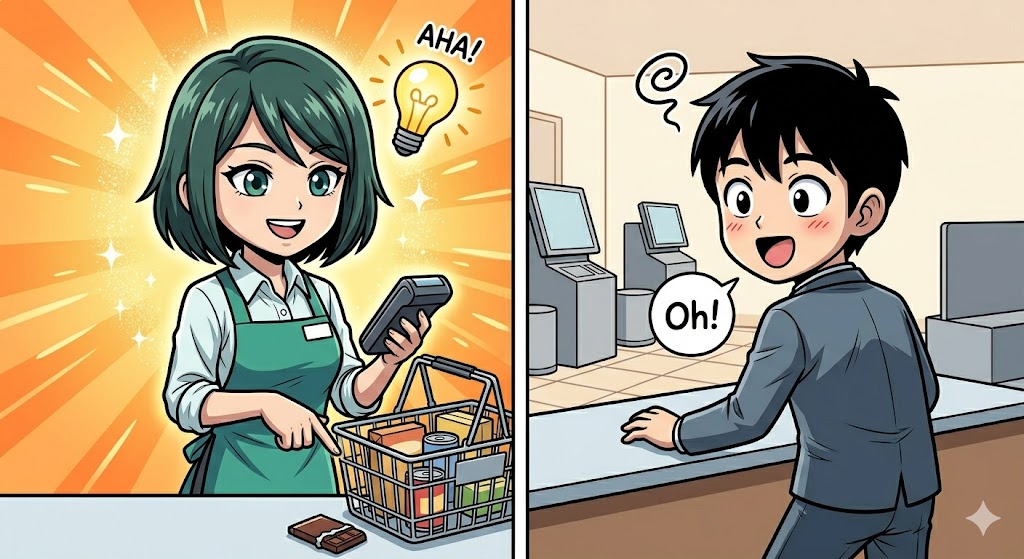 笑顔でスキャン漏れをフォローし、スマートに解決する店員の漫画イラスト
