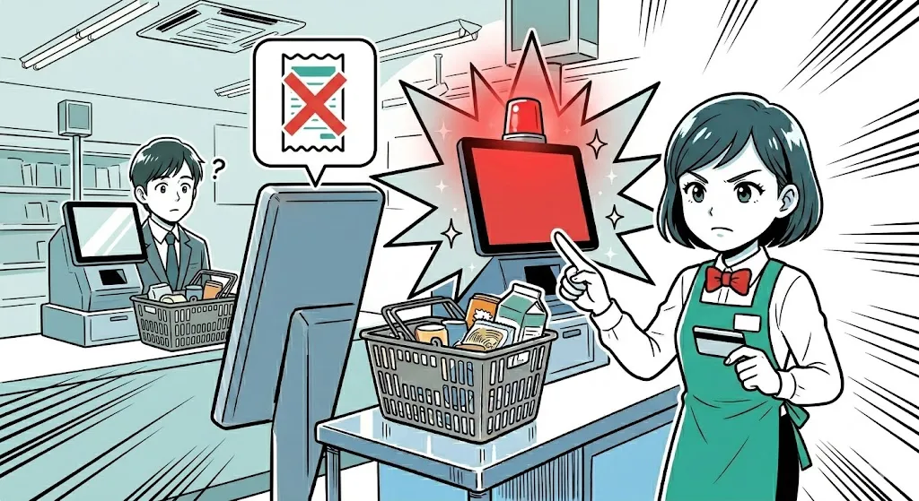 レシートエラーに冷静に対応しようとする店員の漫画イラスト