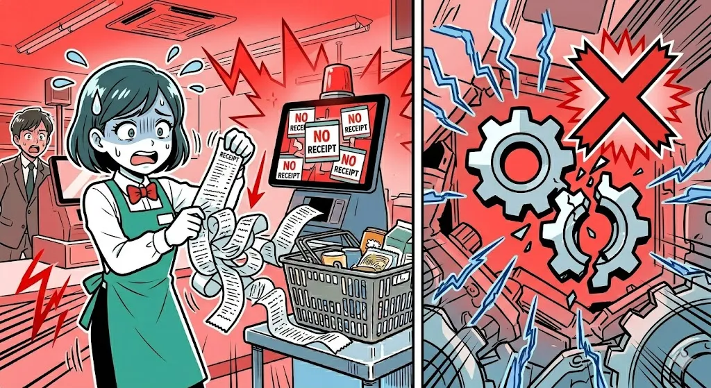 レシートを無理に引っ張ってしまい、ピンチに陥る店員の漫画イラスト