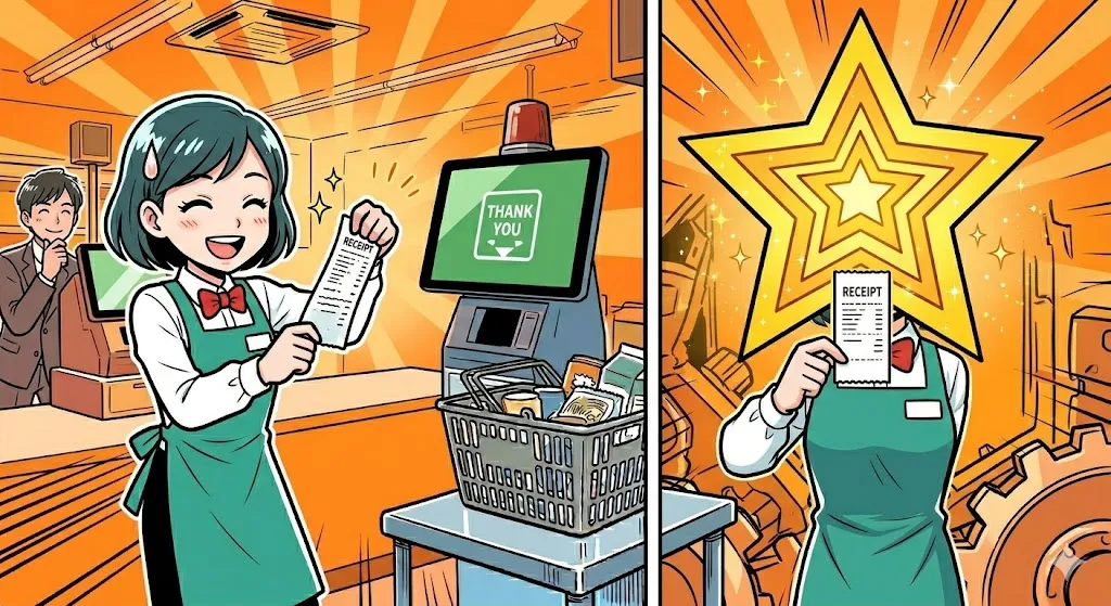 鮮やかに用紙交換を終え、笑顔で接客する店員の漫画イラスト