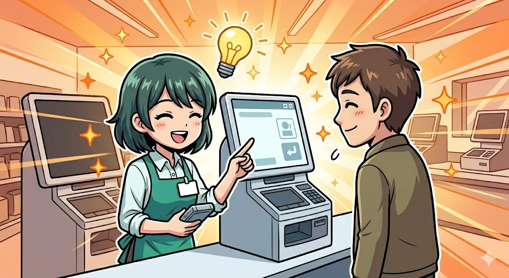 機械のせいにしてスマートにサポートを行い、感謝される店員のイラスト