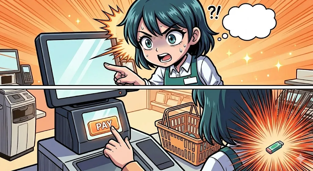 カゴの底のスキャン漏れを見つけてハッとするセルフレジ店員のイラスト