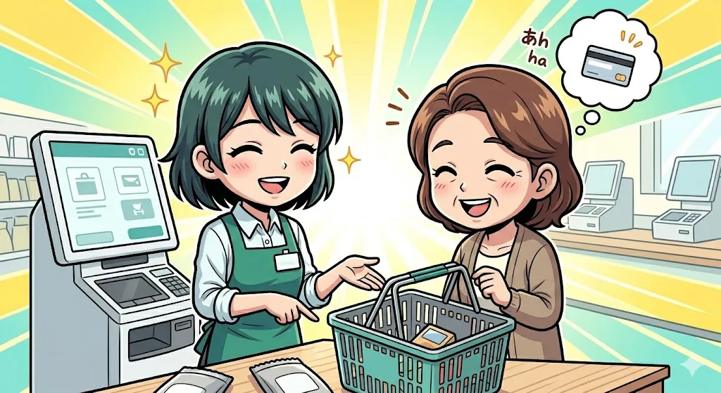 お忘れ物を確認するスタイルで、和やかにスキャン漏れを解決する店員のイラスト