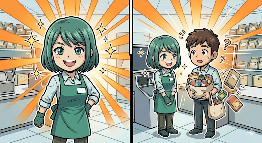 自信を持ってセルフレジエリアを見守る店員の漫画イラスト