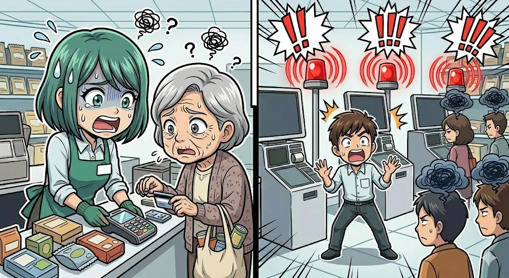 一人の対応に追われ、他のレジのエラーに気づかず焦る店員の漫画イラスト