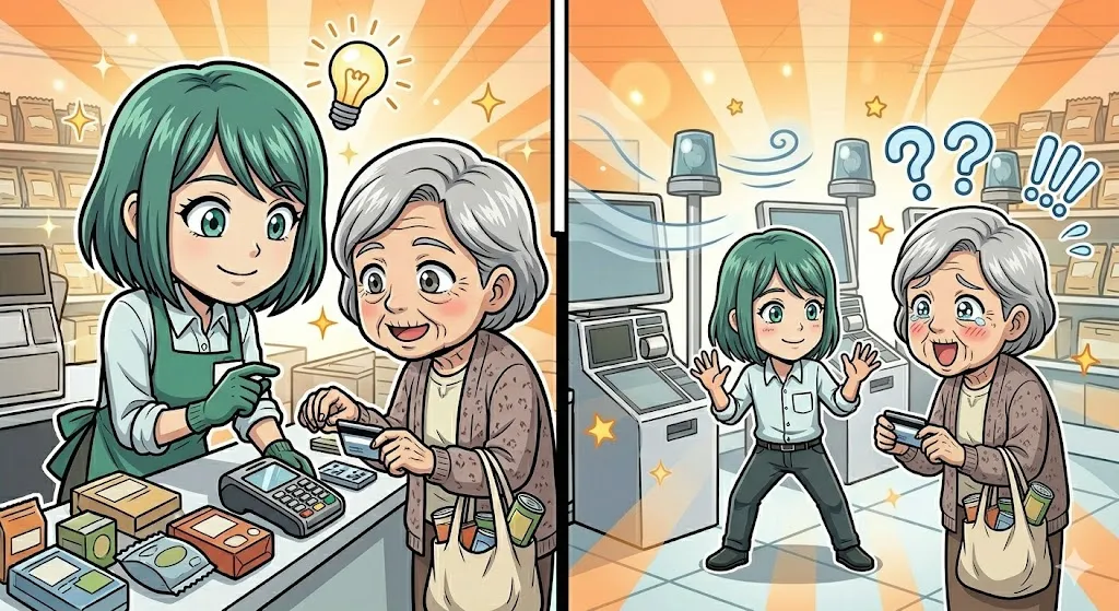 お客様が困る直前に気づいてスマートに声をかける店員の漫画イラスト