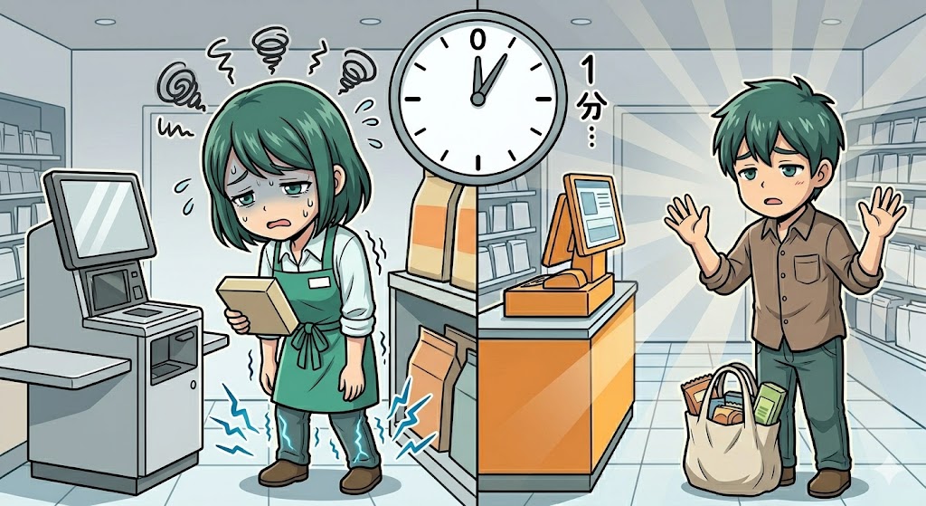 足の痛みと時間の長さに耐えながらセルフレジに立つ店員の漫画イラスト