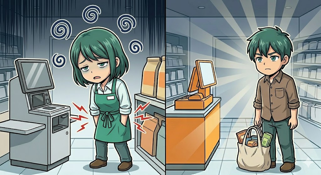 レジカウンターに寄りかかってしまい、余計に疲れている店員の漫画イラスト