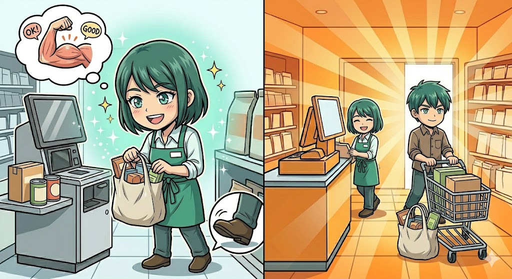 小まめに動き重心を変えることで、元気に業務をこなす店員の漫画イラスト