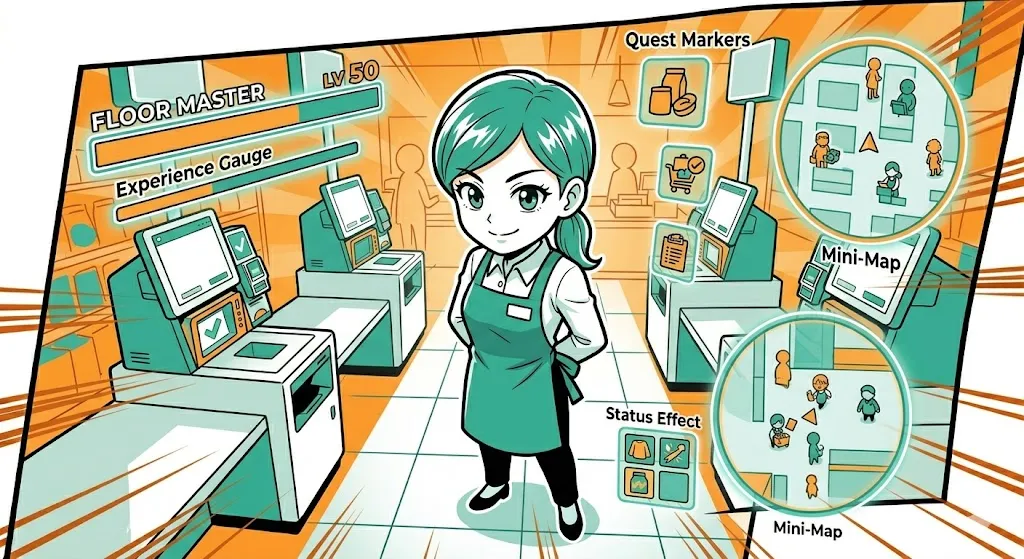 セルフレジエリアをゲームの盤面のように俯瞰して楽しむ店員の漫画イラスト