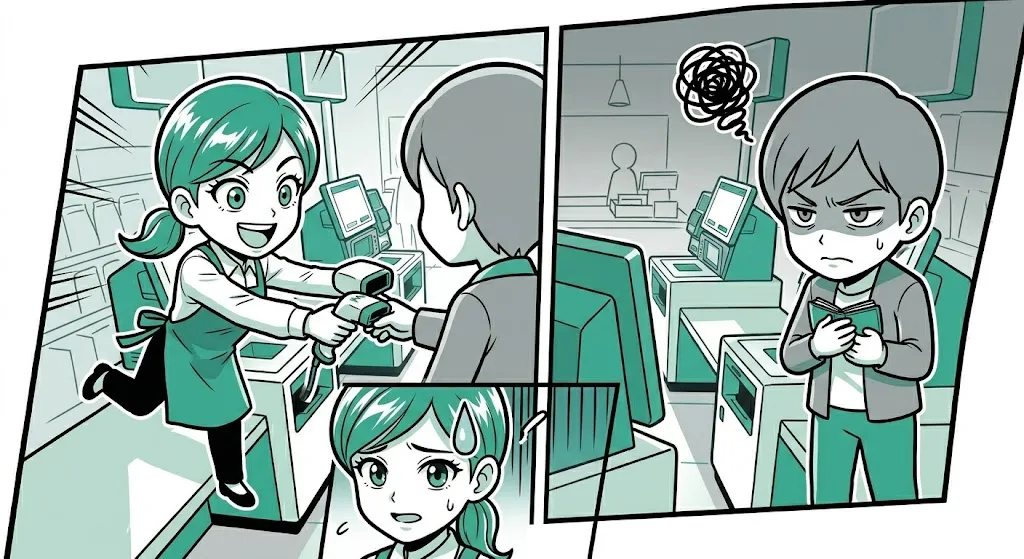 お客様の操作を奪ってしまい、不快感を与えてしまった店員の漫画イラスト