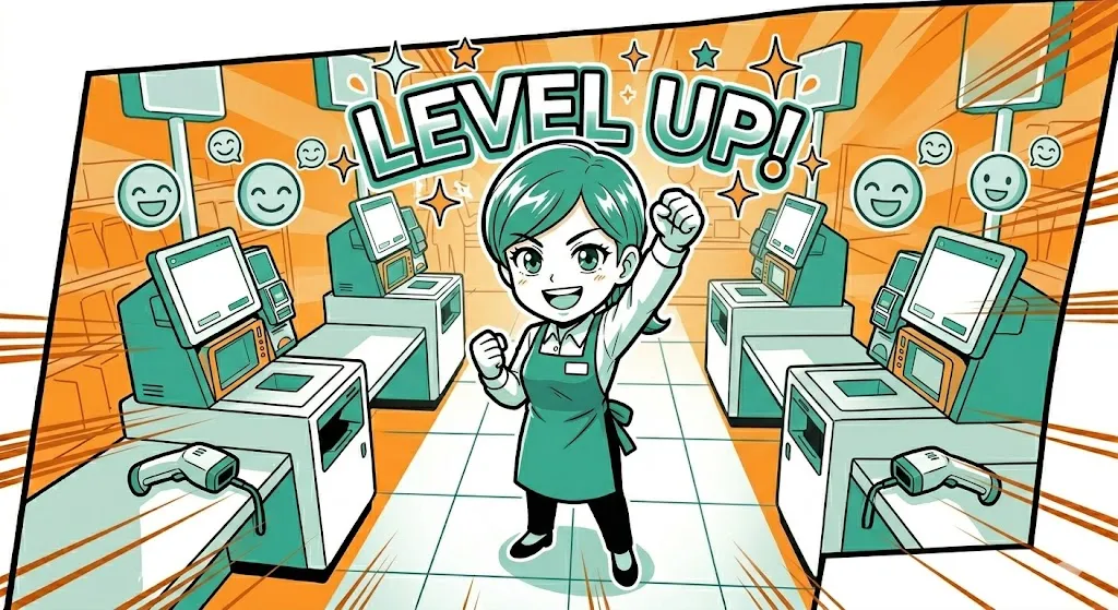 業務をクリアし、レベルアップした喜びを感じる店員の漫画イラスト