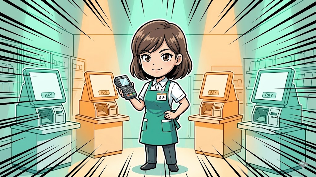 冷静にセルフレジエリアを監視するプロのアテンダントのイラスト