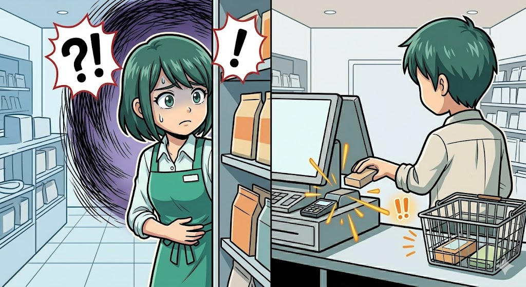 カゴ残りに気づき、声をかけるか悩む店員の漫画イラスト