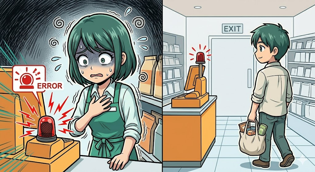 声をかけるのが怖くてレジ前で固まる店員の漫画イラスト