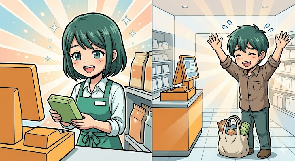 笑顔で忘れ物を届け、お客様と笑顔で接する店員の漫画イラスト