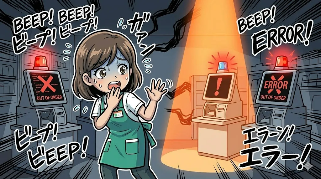 複数のセルフレジで重量エラーが発生し焦る店員の漫画風イラスト