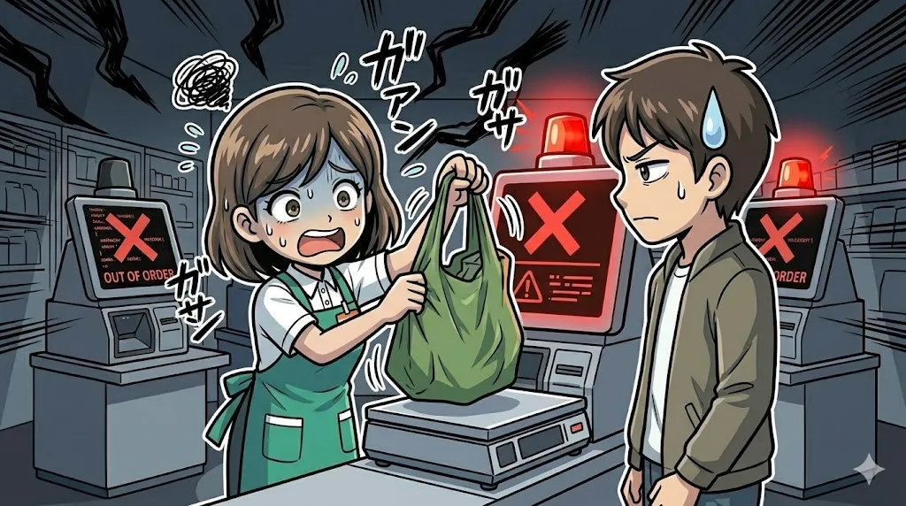 お客様のマイバッグを無理に持ち上げてさらにエラーを出す店員