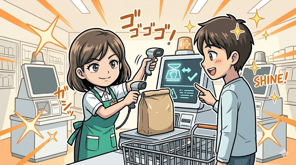 重い商品をカートに乗せたままスマートにスキャンする店員