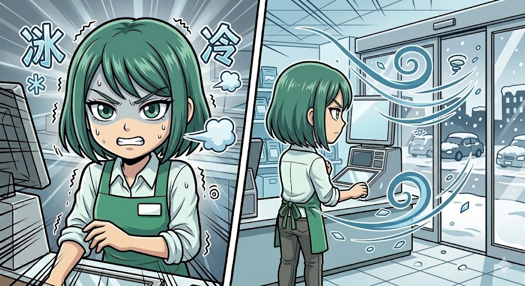 自動ドアからの冷気に耐えながらセルフレジを見守る店員の漫画イラスト