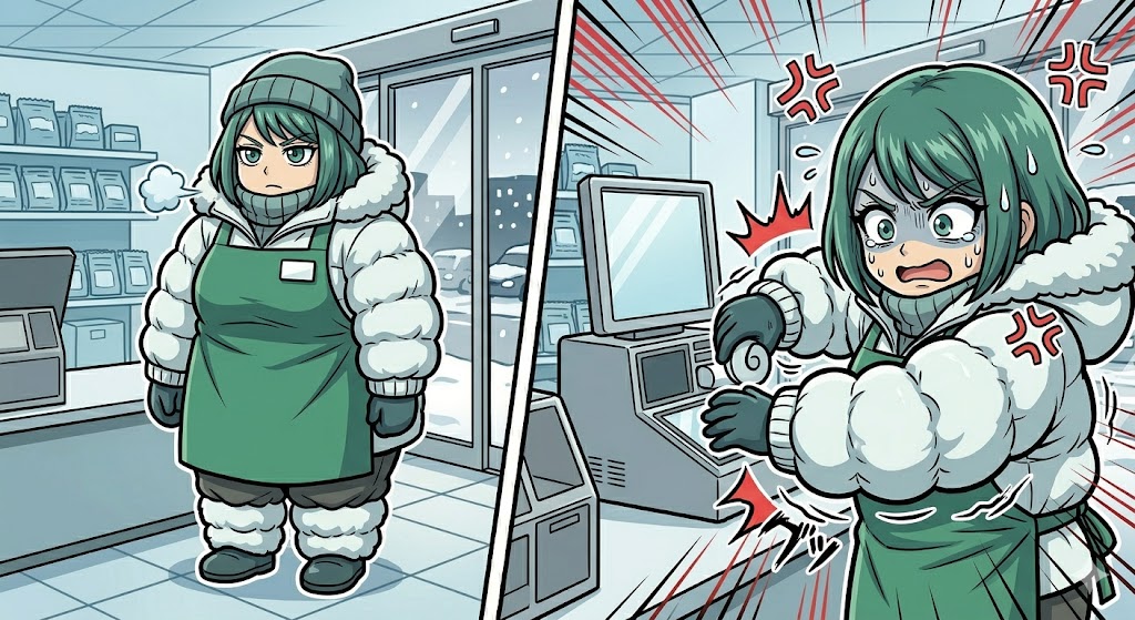 厚着しすぎて動きが鈍くなり、操作に手こずる店員の漫画イラスト