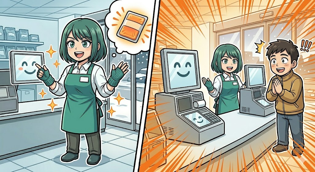 リストウォーマーで指先まで温まり、軽やかに働く店員の漫画イラスト