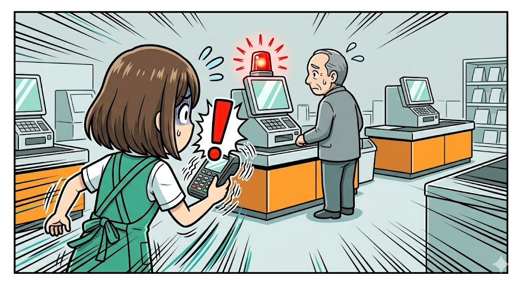 AI端末の警告アラートに焦り、目を血走らせてレジへ駆け寄る女性店員