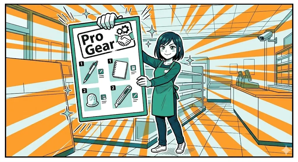 自分に合ったスマートな装備リストを見せて、やる気満々な店員の漫画イラスト