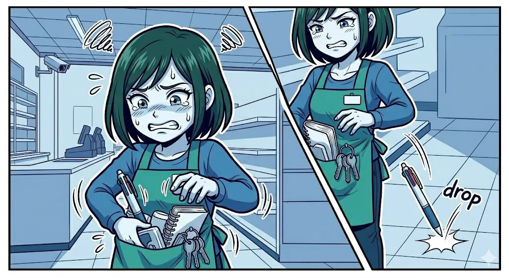 ポケットの中が整理されず、道具を取り出そうとしてペンを落として焦る店員の漫画イラスト