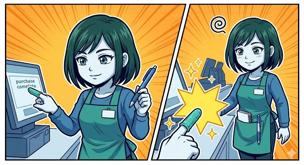 ノールックでポケットからペンを取り出し、スマートにエラー解除する店員の漫画イラスト