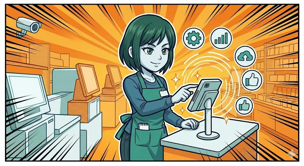 アテンダント端末を最適な位置に配置して自信を見せる店員の漫画イラスト