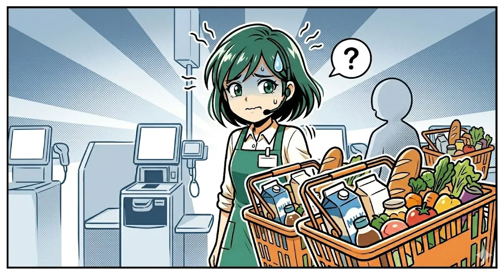 大量の商品を持つ客を前に、声をかけるか迷う店員の葛藤