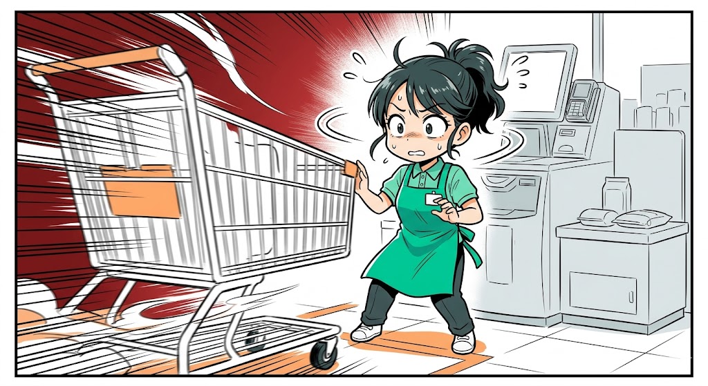 セルフレジエリアへ勢いよく迫る買い物カートに驚く女性アテンダントの漫画風イラスト