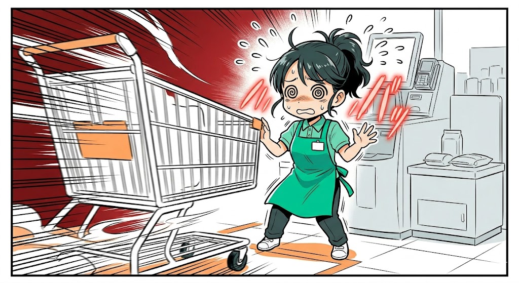 迫るカートを前に驚いて通路の真ん中でフリーズしてしまう店員の漫画風イラスト