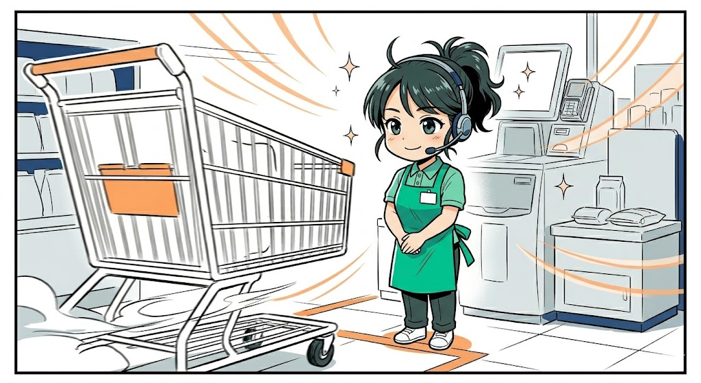 床の導線を見据えて半歩スッと立ち位置をズラし冷静に佇む店員の漫画風イラスト
