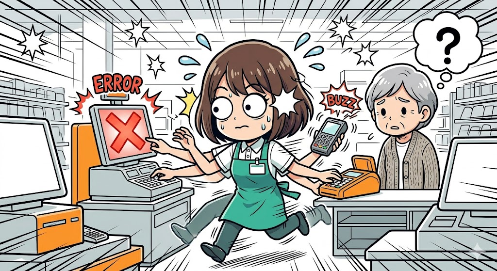 複数のエラーやお客様対応が同時に重なりパニックで大忙しの女性店員