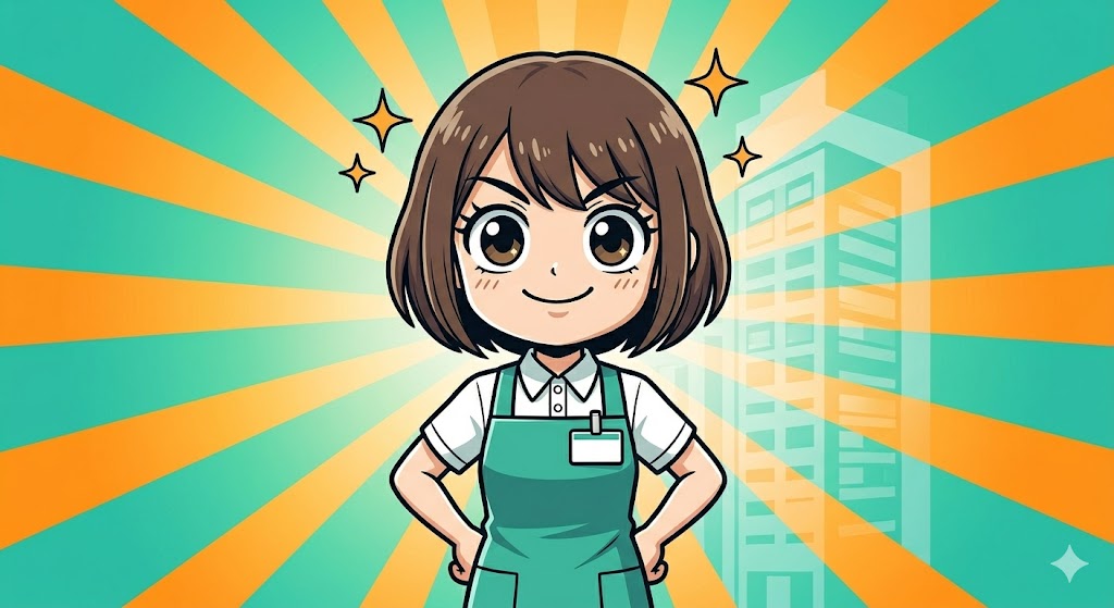 自分の経験に自信を持ち胸を張って誇らしげに笑顔で立つ女性店員