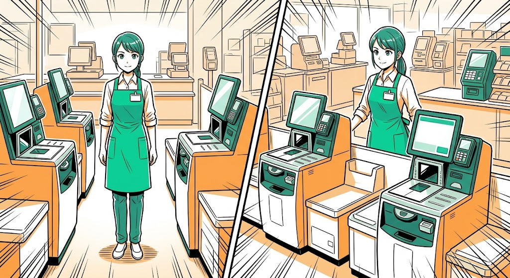 セルフ精算機とフルセルフレジのフロアで、プロとしてテキパキと立ち回る女性アテンダントのイラスト