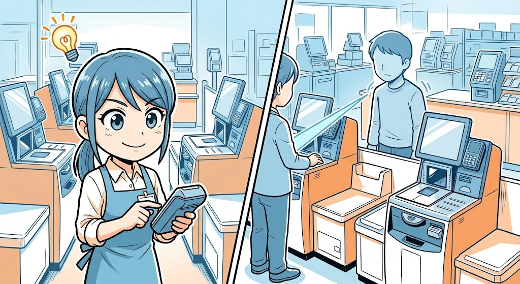 お客様の肩の動きから違和感を察知し、エラーの予兆をスマートに見抜くアテンダントのイラスト