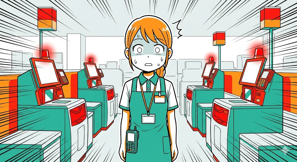 引き継ぎ直後に複数のセルフレジで同時にエラーが発生し、ショックで固まる店員