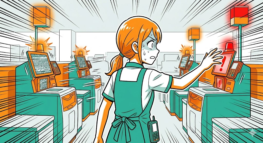 情報不足のままエラーの起きたレジへ向かって焦りながら駆けつけるアテンダント