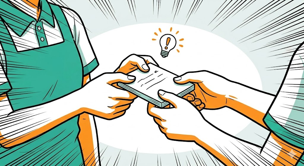 引き継ぎのコツとして注意点を書いた小さな申し送りメモを手渡す瞬間