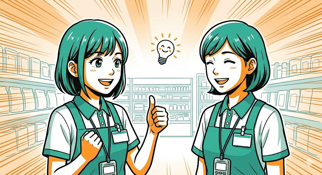 引き継ぎを終えて笑顔で小さなガッツポーズとバトンパスをする二人の店員