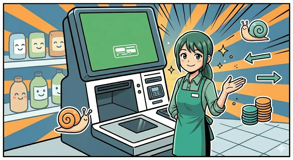 大量の小銭投入をスマートに誘導し、詰まりを防ぐセルフレジ店員の漫画イラスト