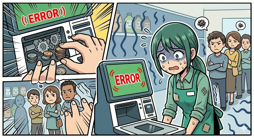 小銭が詰まったレジの投入口に焦って素手を突っ込もうとする店員の漫画イラスト