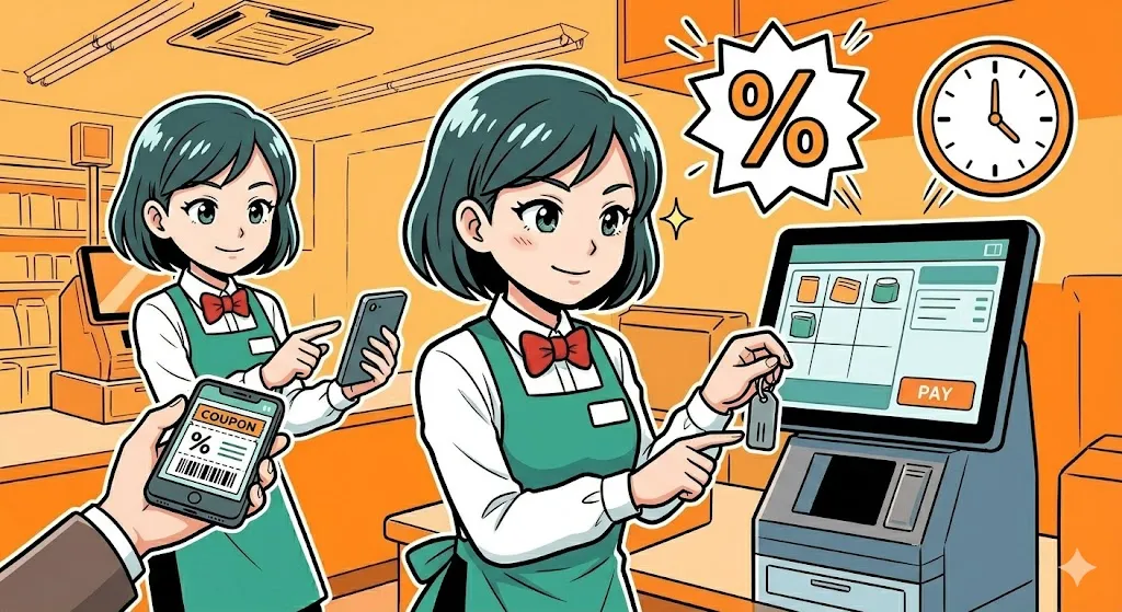 クーポンが適用されない原因をスマートに分析するセルフレジ店員の漫画イラスト