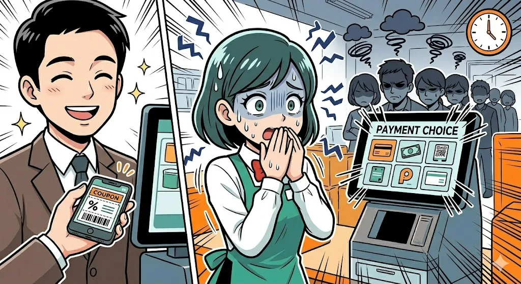 支払画面に進んだ後にクーポンを出され、取り消し作業を思って焦る店員の漫画イラスト
