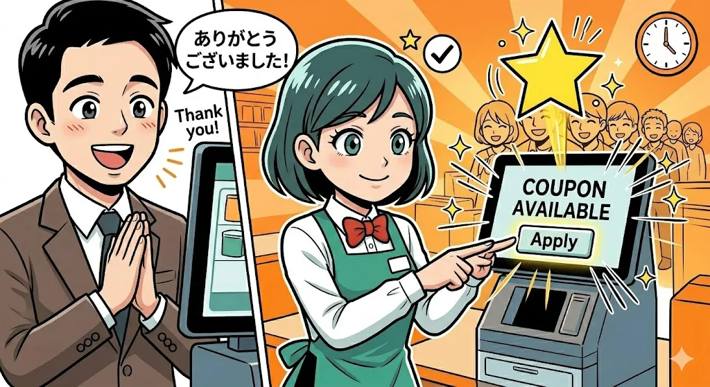 お客様と一緒にクーポン適用を確認し、笑顔で解決する店員の漫画イラスト