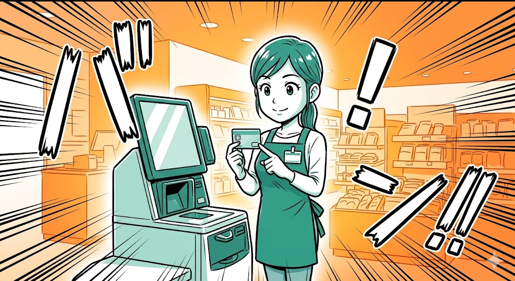 クレジットカードの読み取り不良に冷静に対応するセルフレジ店員のイラスト